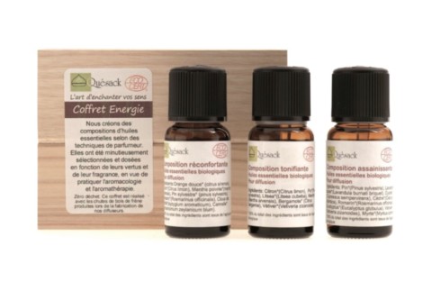 Coffret Energie constitué de trois compositions d'huiles essentielles contrôlées biologiques en flaconS de 15ml 